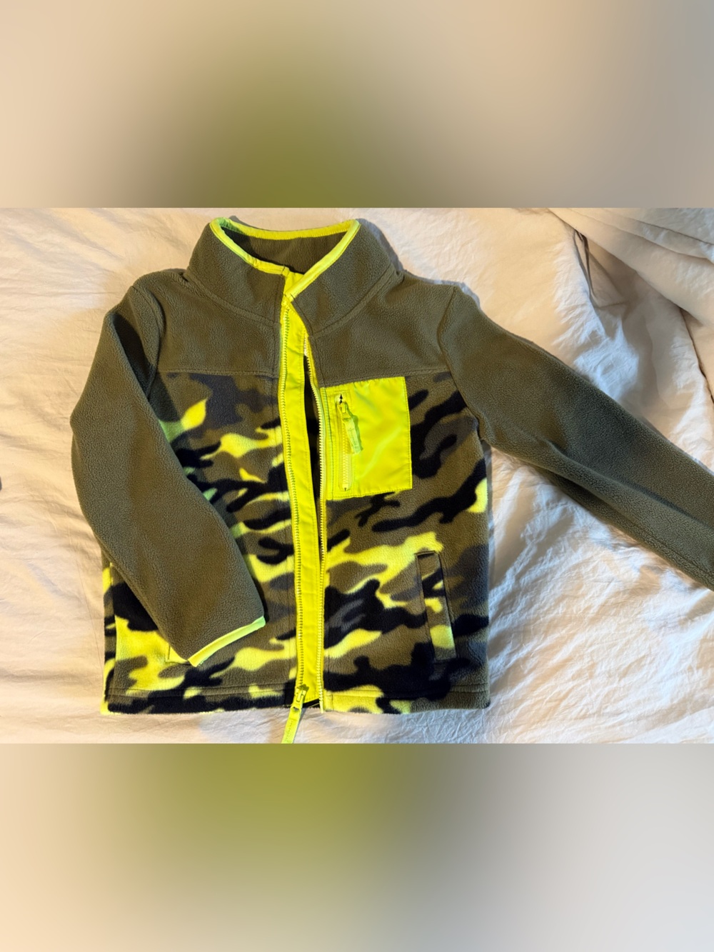 Olive Green Fleece Jacket with Neon Yellow Trim